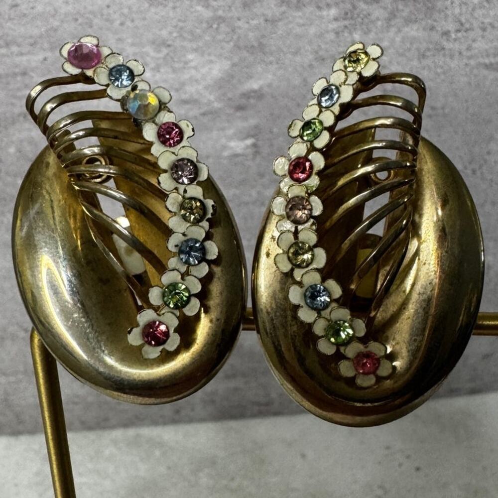 Vintage Gold Tone Winged Clip On Earrings With Rhinestones